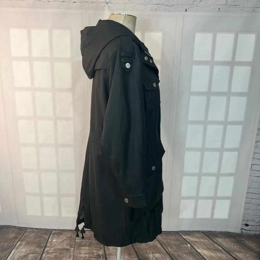 BCBGeneration Black Full Zip Hooded Lined Leather Look Jacket Size Large - Picture 4 of 10